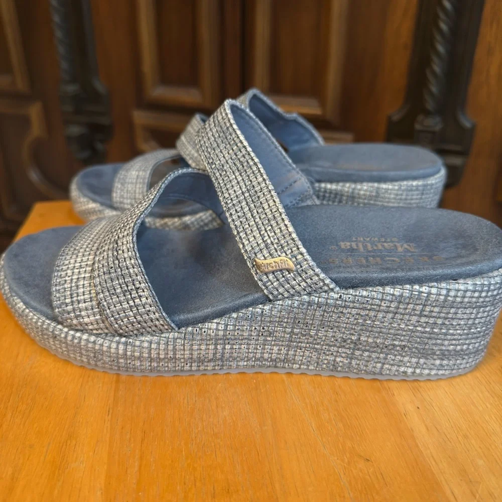 Skechers Martha Stewart Arch Fit Blue Silver Woven Platform Wedge Sandals 119514